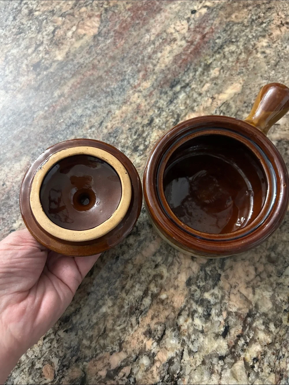 Stoneware Crock with Lid and Handle - Brown and Cream